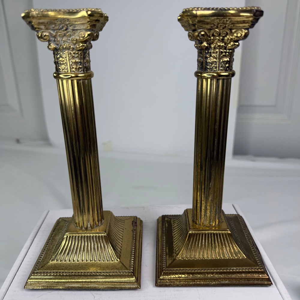 Vintage Brass Corinthian Column Candlesticks Pair 8.5" Neoclassical Gold Tone